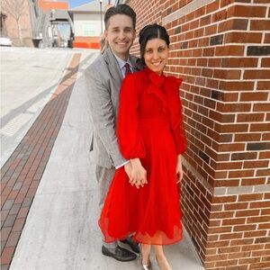 Dainty Jewells Red Long Sleeve Ruffle Midi Dress